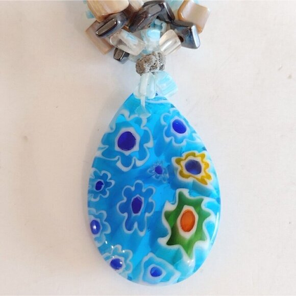 Millefiori Y Drop Glass Pendant Necklace Millefiori Glass Chips Stones Turquoise - Picture 3 of 10